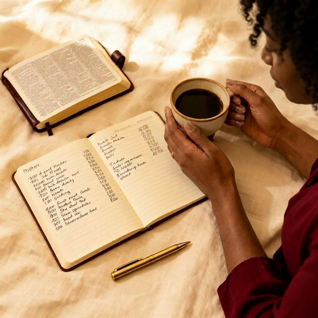 A Christian woman journaling, planning her budget with scripture and coffee